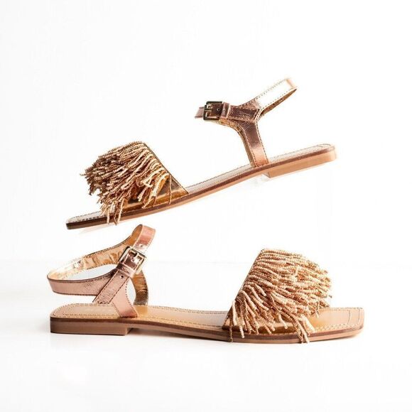 Anthropologie Maeve Rose Gold Beaded Flat Sandals Leather Ankle strap US 8 New - Picture 1 of 9